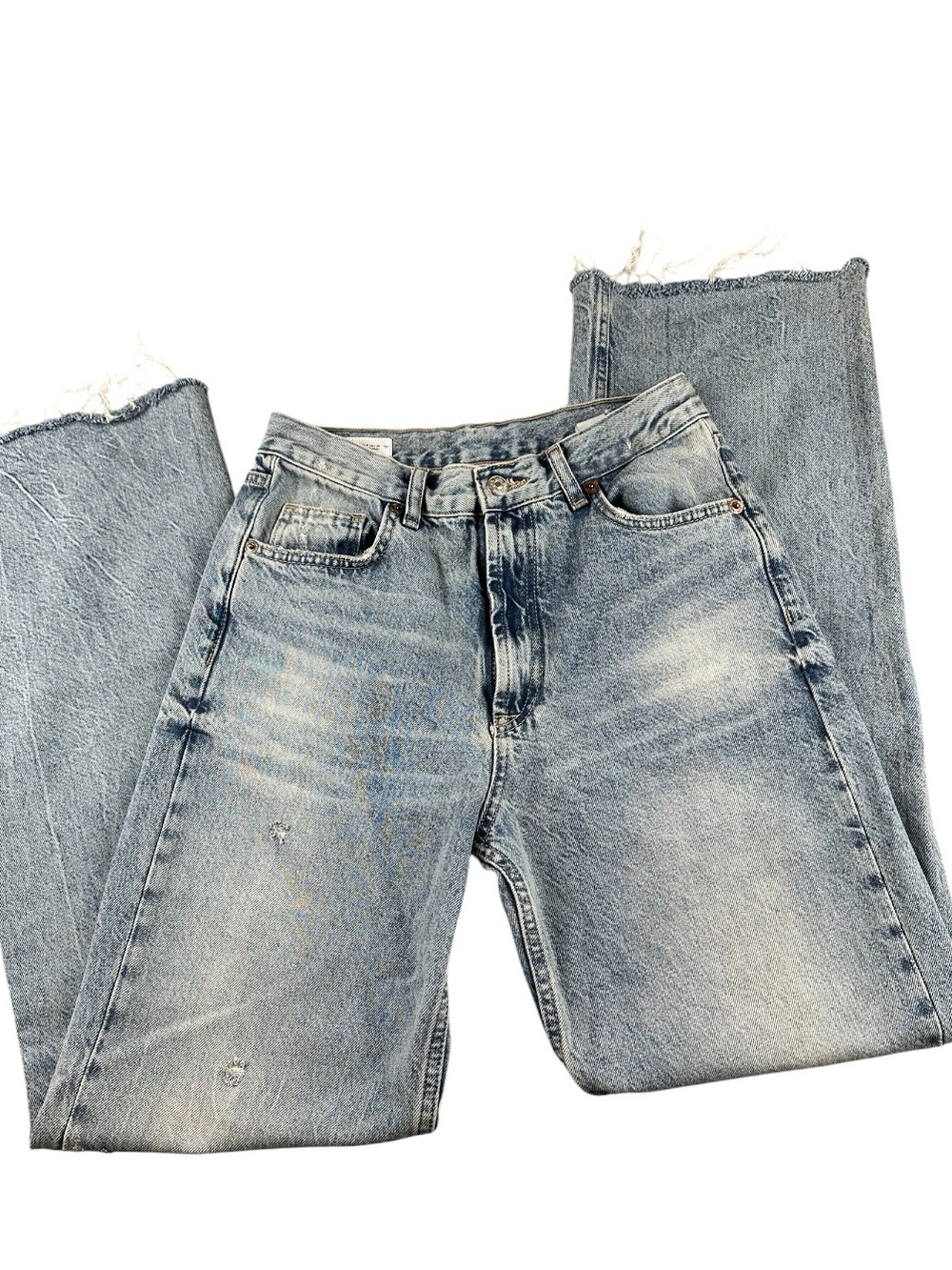 Zara High Rise Full Length Distressed Jeans Raw Frayed Hem Light Wash Size 6